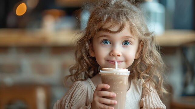 An ecstatic young child drinking coffee with copy space, positive living, Generative AI.