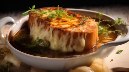 Professional food photography of French onion soup