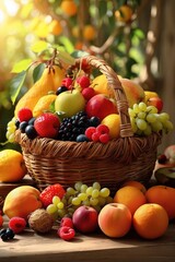 Naklejka na ściany i meble various fresh fruits in a basket background photo