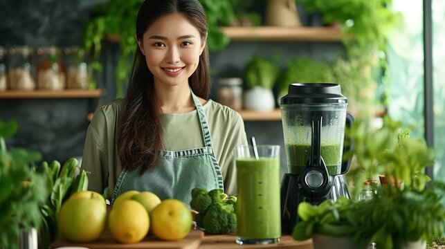 Asian woman with a smile blending fresh vegetable smoothie in her home's kitchen, space, Generative AI.