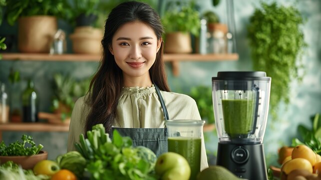 Asian woman with a smile blending fresh vegetable smoothie in her home's kitchen, space, Generative AI.