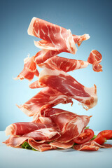 Slices of cured ham jamon Serrano Proscuitto, levitation floatinf food, blue background.