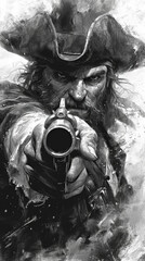 A black and white drawing of a pirate holding a gun.