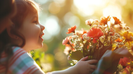Emotions of a happy child with a bouquet in his hands on a blurred background with the effect of bokeh. Summer season, warm sunny day. Cute little girl with bouquet of flowers in the garden.