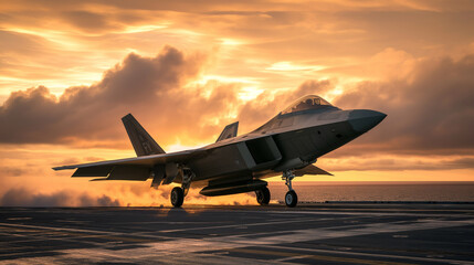 Fototapeta na wymiar A fighter plane is taking off from an aircraft carrier.