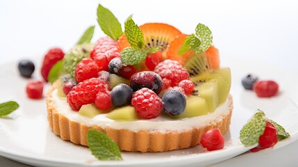 Professional food photography of Fruit tart with mint