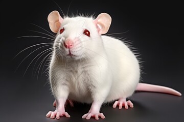 A white rat sitting on top of a table. Laboratory animal, testing model for research.