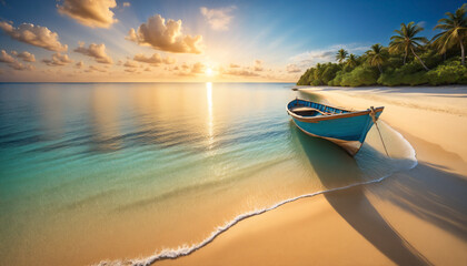 a small boat sits on the beach in sunset of the summer - obrazy, fototapety, plakaty