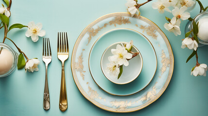 Create a Luxurious Father's Day Celebration with Polished Silverware, Crisp Linen Napkins, and Elegant Gifts on a Pastel Blue Background – Stylish and Memorable Dining Event!