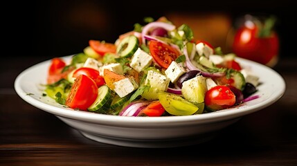 Professional food photography of Greek salad with olives