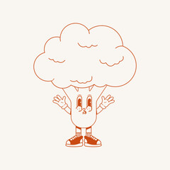 Cute character broccoli in trendy groovy retro 70s style. Vector illustration
