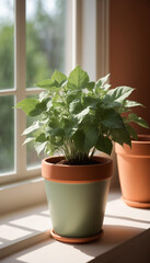 a 3d rendered of a bedroom with flower pot in sunset soft light
