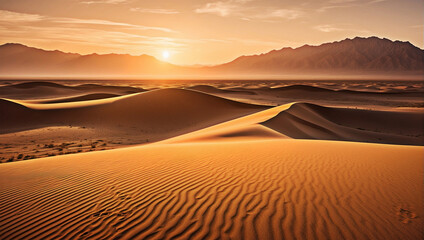 A mesmerizing desert landscape with abstract sand dunes pattern during sunset