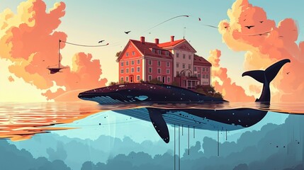 A whale floating in the ocean with a house in the background.