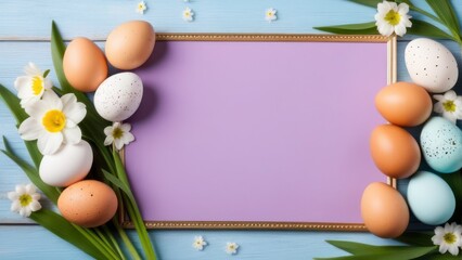 Naklejka na ściany i meble Easter greeting card with eggs and spring flowers. frame background, copy space. Easter card, generative, AI