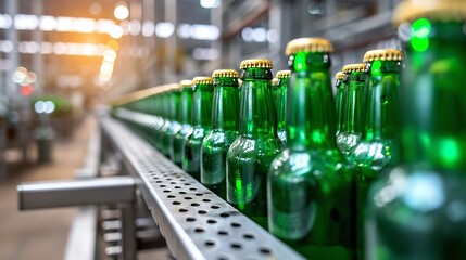 Green beer bottles being produced; a backdrop of factory, space, Generative AI. - obrazy, fototapety, plakaty