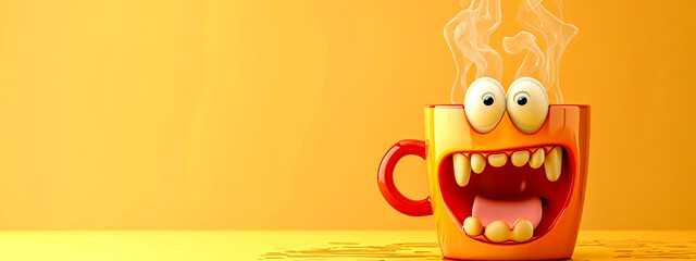 A cheerful, steaming mug with a comical face on a yellow background, embodying a playful start to the day - obrazy, fototapety, plakaty