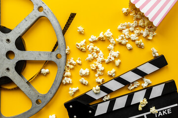 Film reels top view. Cinema industry and movie background