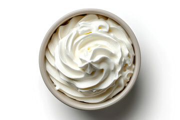 Top view of isolated bowl of sour cream or Greek yogurt on white background

