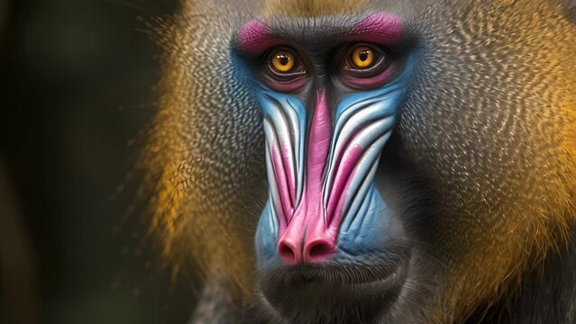 Closeup of a regal male mandrill his vibrant blue and purple face painted with intricate patterns as he proudly displays his colorful dominance to his troop