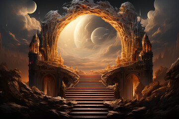 Wooden gate in thick smoke in the form of clouds to the portal to the underworld. The edge of the portal glows yellow. 3D visualization, 3d rendering - obrazy, fototapety, plakaty