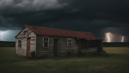 Fototapeta premium abandoned house in the fog She was living in a small house in the countryside, enjoying the peace and quiet. when the lightning storm hit 