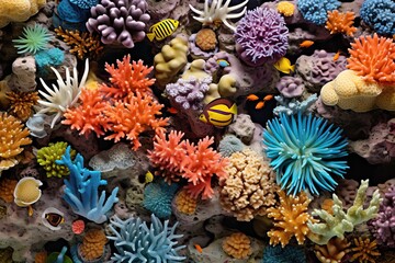 Sea corals of various colors and shapes