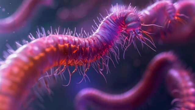 Big pink worms inside human body. Intestinal parasitic helminths. Vermin infection under microscope. Dangerous toxic bacteria closeup. Many microbes. Viruses annelides. Annelid worm close up.