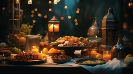 Table Set With Abundance of Food and Candles, Ramandan