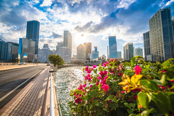 Miami waterfront walkway and skyline sunset view, Florida