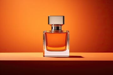 Beautiful bottle with perfume on a bright amber background