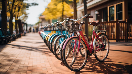 Fototapeta na wymiar Outdoor Cycling Haven. Colorful Bicycles Lined up at a Bike Rack