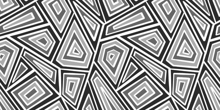 Seamless hand painted abstract geometric polygon stripe tribal patchwork pattern transparent overlay. Dynamic bold diamond geode triangles mosaic background texture in monochrome black white and grey.