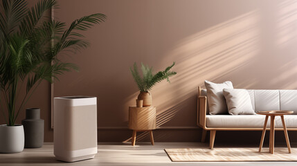 White modern design air purifier, dehumidifier in beige brown wall bedroom, gray cover sheet bed, tropical palm tree in sunlight on wood parquet floor for healthcare