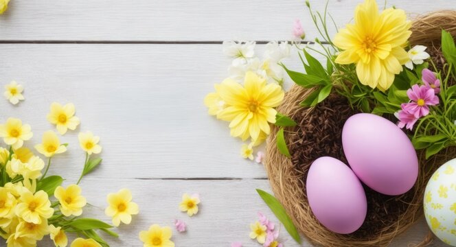 Art Easter background with Easter eggs and spring flowers. generative, AI
