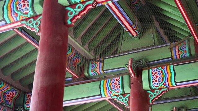 Korean Traditional wooden temple detail and Dancheong at Gyeongbokgung Palace in Seoul, South Korea. Korean style architecture