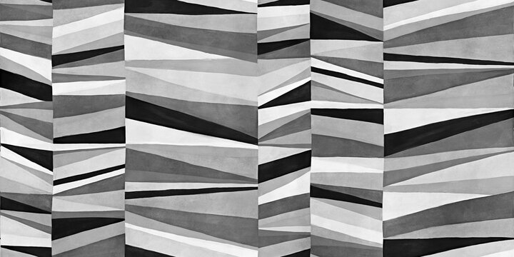 Seamless Mid-Century Modern stacked triangles wallpaper pattern transparent overlay. Abstract geometric contemporary patchwork mosaic background texture, monochrome grayscale black and white palette.