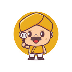 cute chef in yellow uniform holding spatula. cartoon vector illustration