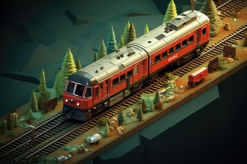Cute cartoon train on a background of trees in an isometric view - obrazy, fototapety, plakaty