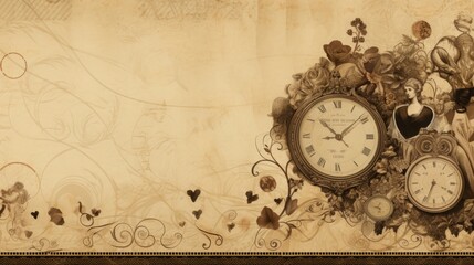 
A vintage-inspired background with sepia tones, featuring old-fashioned love-themed illustrations and ornaments.