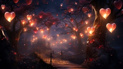 An enchanting background with glowing heart-shaped lanterns, creating a magical and dreamy atmosphere.