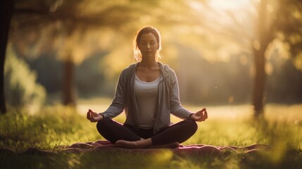 woman meditating in yoga pose, in forest