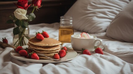 Fototapeta na wymiar Lifestyle scenes of a romantic breakfast in bed with heart-shaped pancakes, strawberries, and flowers, evoking a sense of comfort and love. 