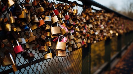 
Urban scenes of a bridge adorned with love locks, symbolizing everlasting love and commitment.  - obrazy, fototapety, plakaty