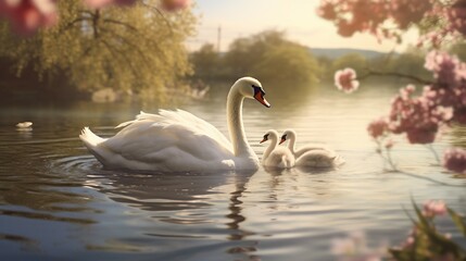 Pair of Swans Gracefully Swimming on Tranquil Lake Waters, Spring