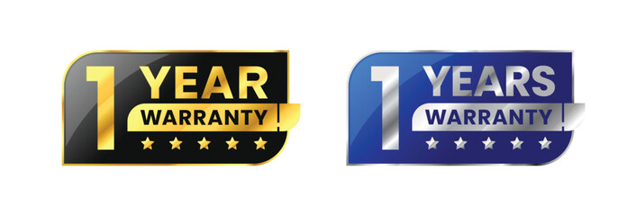 1 Year warranty label, badge, icon, logo. Parallelogram rhombus shape with gold and silver color. Vector Illustration