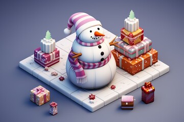 Cute snowman with gifts, isometric view