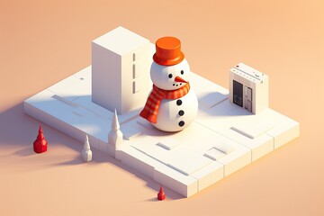 Cute snowman with gifts, isometric view