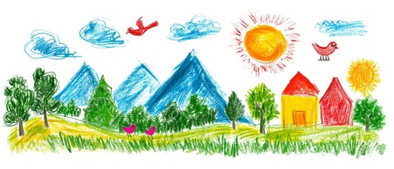 A naive children's drawing with colored chalk on white paper, made by hand by a child, shows a mountain, a sun, birds and a house isolated on white background - obrazy, fototapety, plakaty