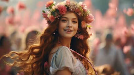Woman With Long Red Hair Wearing a Flower Crown, Spring